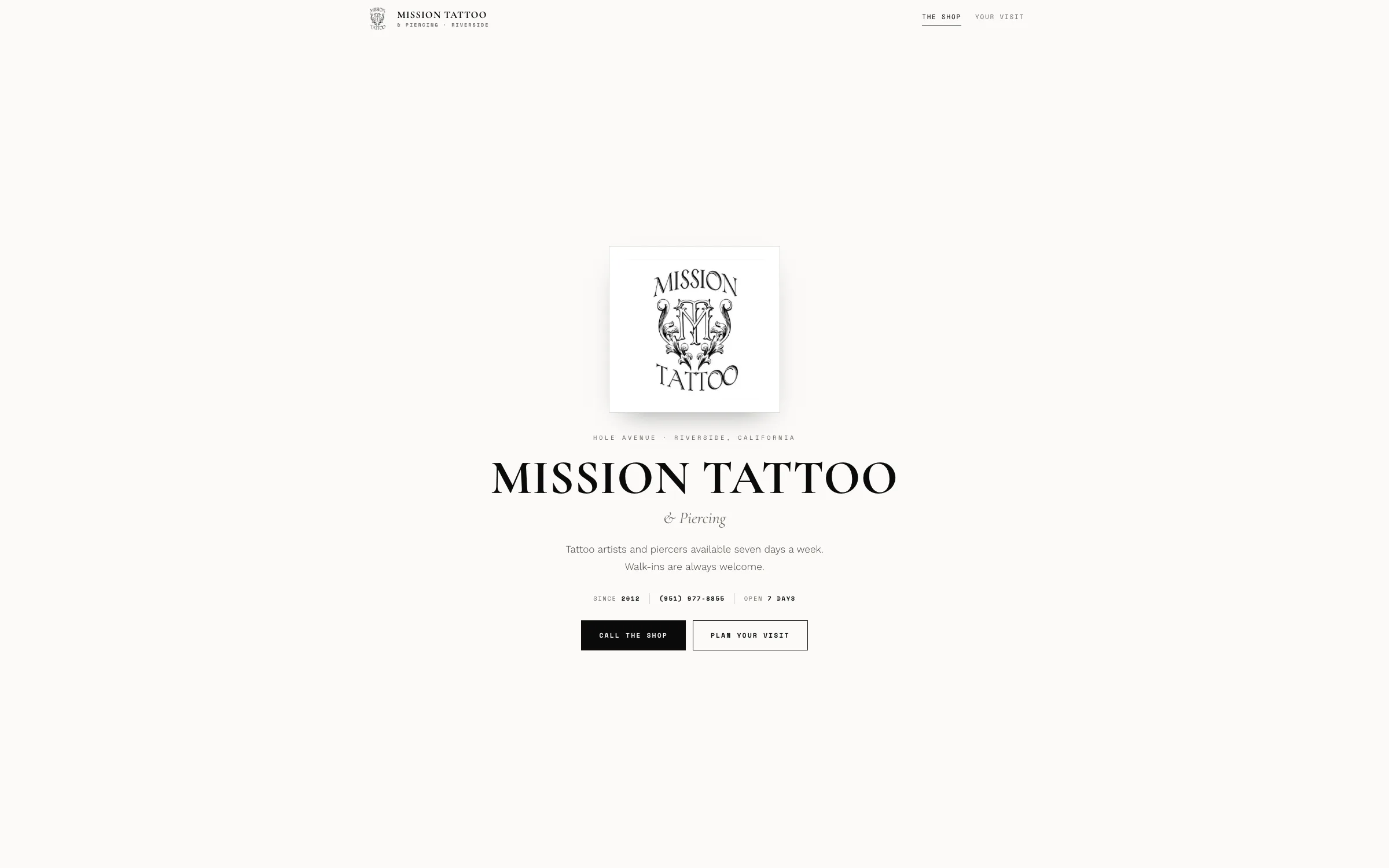The website built for Mission Tattoo in Riverside, CA
